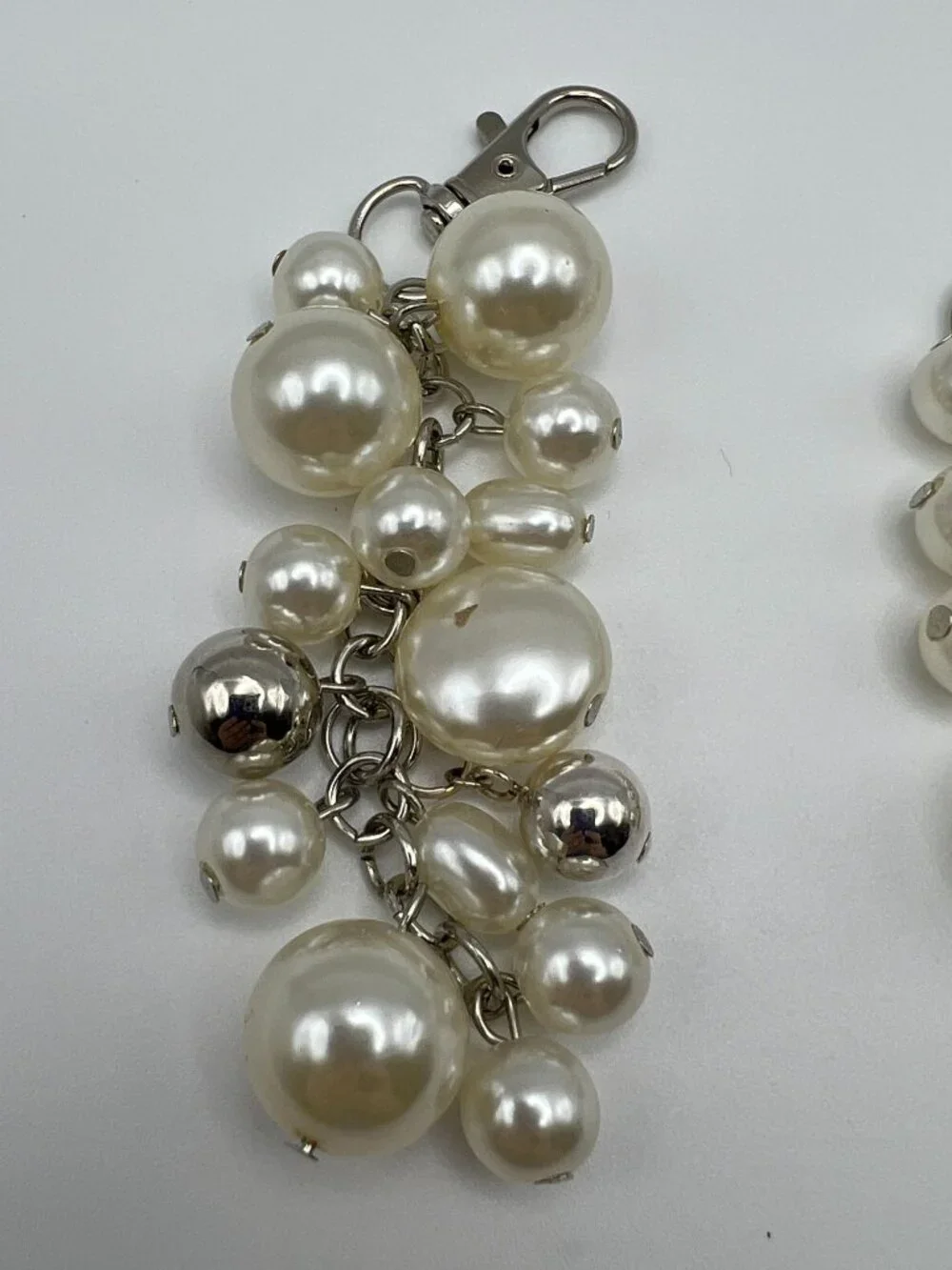 Elegant Faux Pearl & Silver-Tone Charm Earrings With Chain Detailing Lobster Cla - Picture 2 of 2